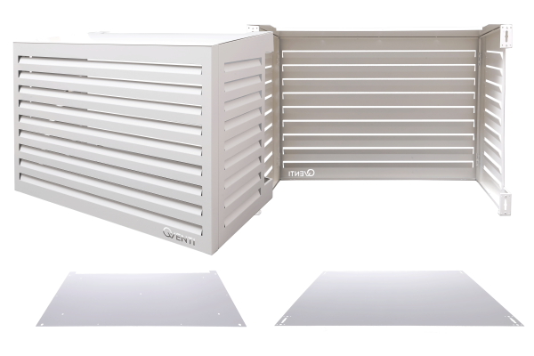 Qventi aluminium cover wit ombouw voor buitenunit van de airconditioner of warmtepomp afbeelding met alle accessoires